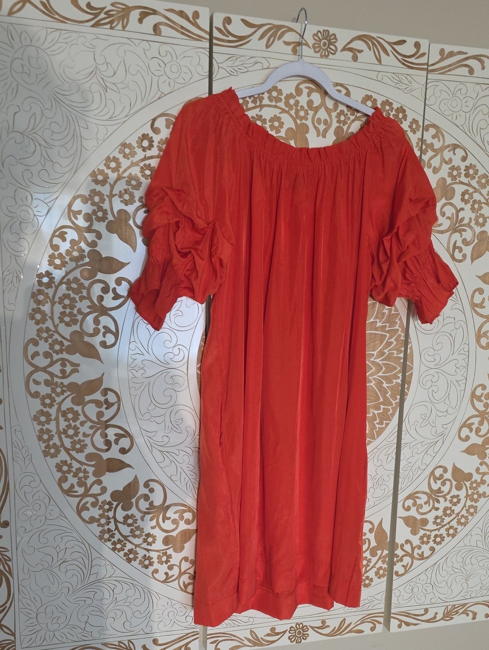 Off-Shoulder Midi Dress in Vibrant Red with Puff Sleeves